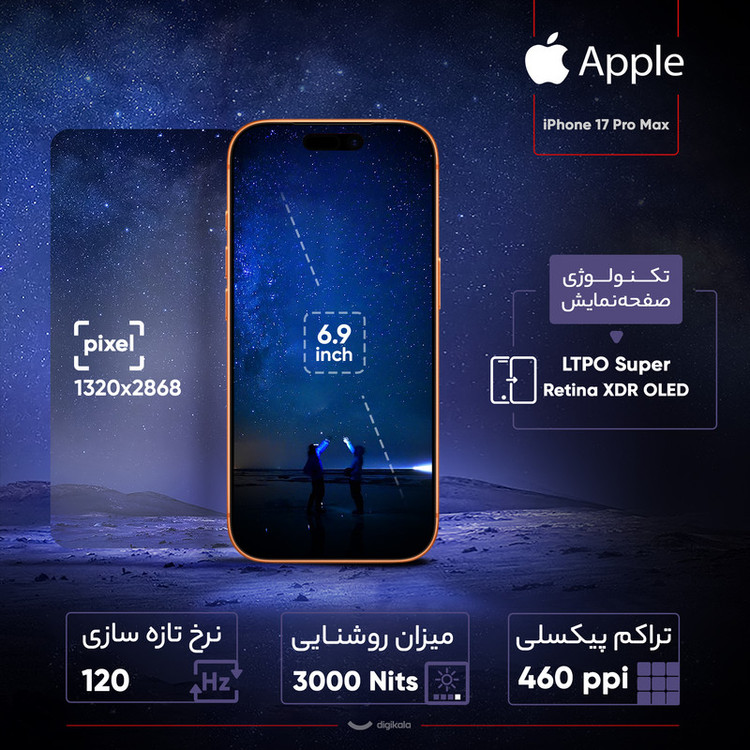 گوشی موبایل اپل مدل iPhone 17 Pro Max ZAA تک سیم کارت + eSim ظرفیت 256 گیگابایت و رم 12 گیگابایت - نات اکتیو - رجیستر شده